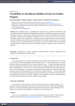 Variability in Anesthesia Models of Care in Cardiac Surgery