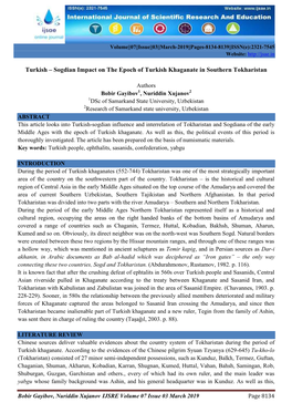 Sogdian Impact on the Epoch of Turkish Khaganate in Southern Tokharistan