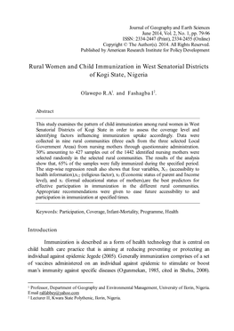 Rural Women and Child Immunization in West Senatorial Districts of Kogi State, Nigeria