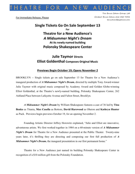 Single Tickets Go on Sale September 13 Theatre for a New Audience's a Midsummer Night's Dream Polonsky Shakespeare Center Julie