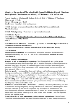 Minutes of the Meeting of Mortehoe Parish Council Held in the Council Chamber, the Esplanade, Woolacombe, on Monday 17Th February 2020 at 7.00 P.M