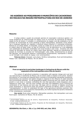 Do Agrêrio Ao Periurbano O Municèpio De Cachoeiras Do Macacu Na Regiào