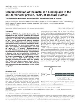 Characterization of the Metal Ion Binding Site in the Anti-Terminator Protein, Hutp, of Bacillus Subtilis Thirumananseri Kumarevel, Hiroshi Mizuno1 and Penmetcha K