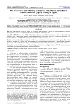 The Prevalence and Intensity of External and Internal Parasites in Working Donkeys (Equus Asinus) in Egypt