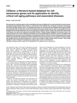 A Literature-Based Database for Cell Senescence Genes and Its Application to Identify Critical Cell Aging Pathways and Associated Diseases