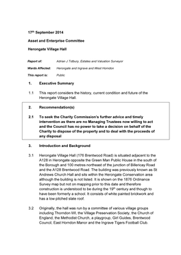 17Th September 2014 Asset and Enterprise Committee Herongate Village Hall 1. Executive Summary 1.1 This Report Considers The