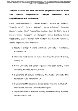 Analysis of Head and Neck Carcinoma Progression Reveals Novel And