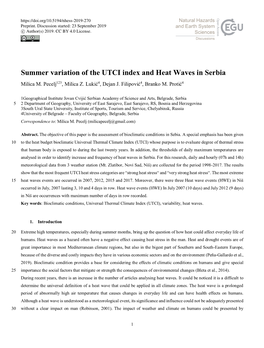 Summer Variation of the UTCI Index and Heat Waves in Serbia Milica M