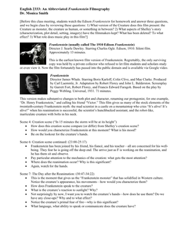 English 2333: an Abbreviated Frankenstein Filmography Dr