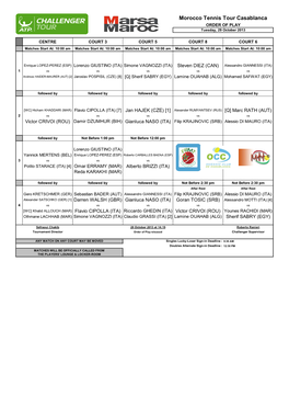Morocco Tennis Tour Casablanca ORDER of PLAY Tuesday, 29 October 2013