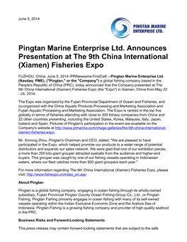 Pingtan Marine Enterprise Ltd. Announces Presentation at the 9Th China International (Xiamen) Fisheries Expo