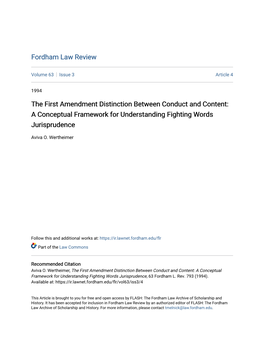 The First Amendment Distinction Between Conduct and Content: a Conceptual Framework for Understanding Fighting Words Jurisprudence