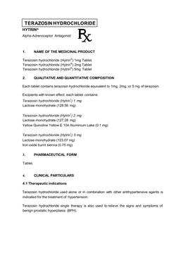 TERAZOSIN HYDROCHLORIDE HYTRIN® Alpha-Adrenoceptor Antagonist