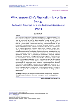 Why Jaegwon Kim's Physicalism Is Not Near Enough Part I