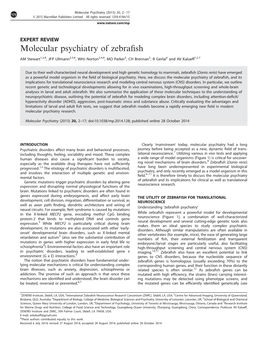 Molecular Psychiatry of Zebrafish