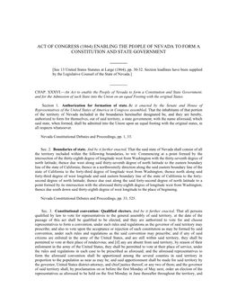 Act of Congress (1864) Enabling the People of Nevada to Form a Constitution and State Government