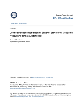 Defense Mechanism and Feeding Behavior of Pteraster Tesselatus Ives (Echinodermata, Asteroidea)