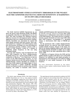 Electrosensory Stimulus-Intensity Thresholds in the Weakly Electric Knifefish Eigenmannia: Reduced Sensitivity at Harmonics of Its Own Organ Discharge