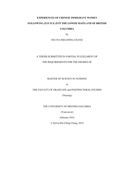 EXPERIENCES of CHINESE IMMIGRANT WOMEN FOLLOWING ZUO YUE ZI in the LOWER MAINLAND of BRITISH COLUMBIA by SYLVIA HSI-CHING CHANG