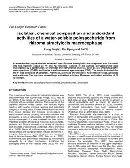 Isolation, Chemical Composition and Antioxidant Activities of a Water-Soluble Polysaccharide from Rhizoma Atractylodis Macrocephalae