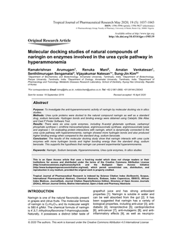 Molecular Docking Studies of Natural Compounds of Naringin on Enzymes Involved in the Urea Cycle Pathway in Hyperammonemia