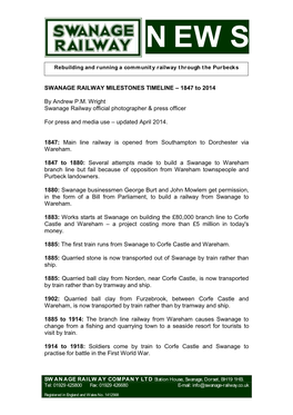 SWANAGE RAILWAY MILESTONES TIMELINE – 1847 to 2014