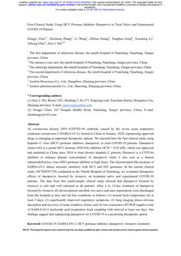 First Clinical Study Using HCV Protease Inhibitor Danoprevir to Treat Naïve and Experienced COVID-19 Patients