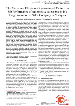 The Mediating Effects of Organisational Culture on Job Performance of Automotive Salespersons in a Large Automotive Sales Company in Malaysia