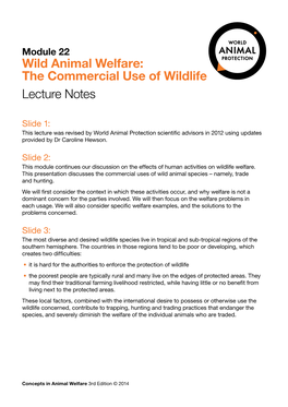 Wild Animal Welfare: the Commercial Use of Wildlife Lecture Notes