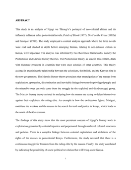 ABSTRACT This Study Is an Analysis of Ngugi Wa Thiong'o's Portrayal Of