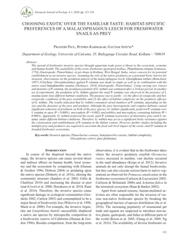 Habitat-Specific Preferences of a Malacophagous Leech for Freshwater Snails As Prey