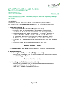 Ambrisentan (Letairis) Reference Number: ERX.SPMN.84 Effective Date: 07/16 Last Review Date: 06/16 Revision Log