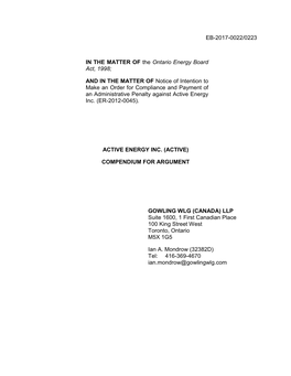 EB-2017-0022/0223 in the MATTER of the Ontario Energy Board Act
