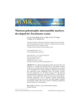 Nineteen Polymorphic Microsatellite Markers Developed for Trachinotus Ovatus