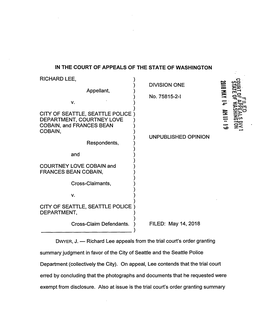 IN the COURT of APPEALS of the STATE of WASHINGTON RICHARD LEE, Appellant, DIVISION ONE ) No. 75815-2-1 V. ) ) CITY of SEATTLE