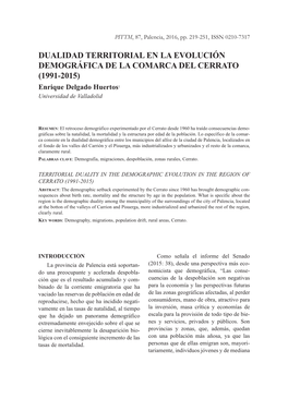 DUALIDAD TERRITORIAL EN LA EVOLUCIÓN DEMOGRÁFICA DE LA COMARCA DEL CERRATO (1991-2015) Enrique Delgado Huertos1 Universidad De Valladolid