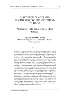 EARLY DEVELOPMENT and STABILIZATION of the Whitehead TORPEDO