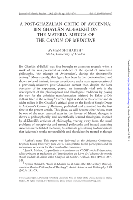 A Post-Ghaz2lian Critic of Avicenna: Ibn Ghayl2n Al-Balkhi¯ on the Materia Medica of the Canon of Medicine