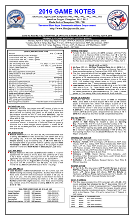 2016 Game Notes