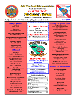 SC-G” TTRIRI CCOUNTYOUNTY WWINGSINGS BERKELEY • CHARLESTON • DORCHESTER the Official Publication of the GWRRA Tri County Wings, Charleston, South Carolina