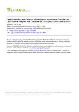 Saurolophus Angustirostris from the Late Cretaceous of Mongolia with Comments on Saurolophus Osborni from Canada Author(S): Phil R