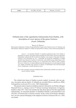 Oribatid Mites of the Superfamily Galumnoidea from Zambia, with Description of a New Species of the Genus Galumna (Acari: Oribatida)