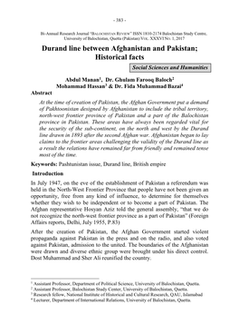 Durand Line Between Afghanistan and Pakistan; Historical Facts Social Sciences and Humanities