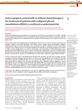 Active Symptom Control with Or Without Chemotherapy in the Treatment of Patients with Malignant Pleural Mesothelioma (MS01): a Multicentre Randomised Trial