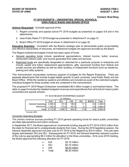 Brad Berg FY 2019 BUDGETS – UNIVERSITIES, SPECIAL SCHOOLS, IOWA PUBLIC RADIO and BOARD OFFICE