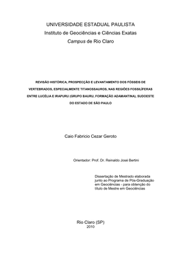 UNIVERSIDADE ESTADUAL PAULISTA Instituto De Geociências E Ciências Exatas Campus De Rio Claro