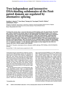 Two Independent and Interactive DNA-Binding Subdomains of the Pax6 Paired Domain Are Regulated by Alternative Splicing