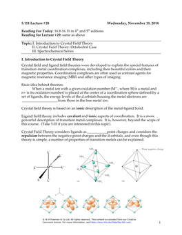 Lecture 28: Transition Metals: Crystal Field Theory Part I