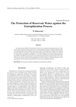 The Protection of Reservoir Water Against the Eutrophication Process