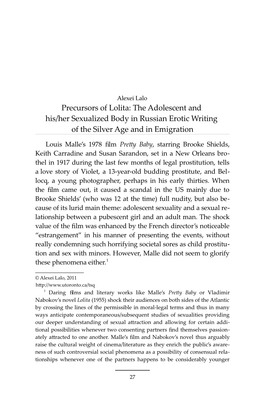 Precursors of Lolita: the Adolescent and His/Her Sexualized Body in Russian Erotic Writing of the Silver Age and in Emigration